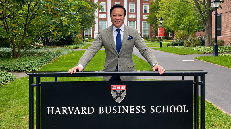 Nick Tran standing beside the Harvard Business School sign.